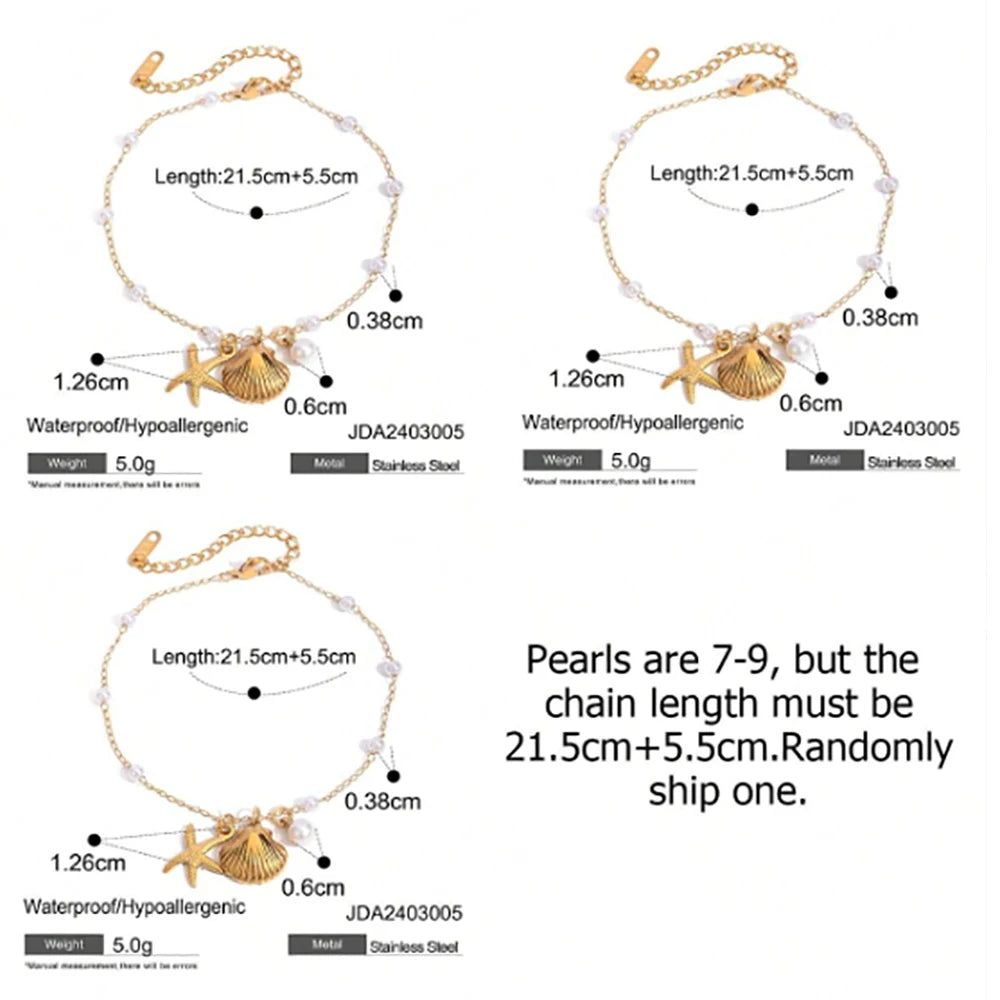 18K Gold Plated Stainless Steel Shell Starfish Imitation Pearl Pendant Anklet Waterproof Simple Metal Texture Trendy Jewelry