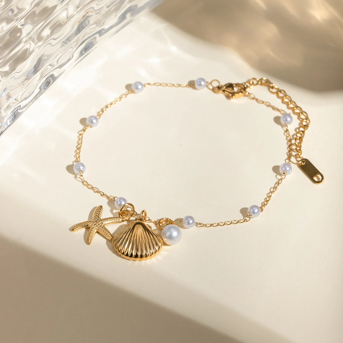 18K Gold Plated Stainless Steel Shell Starfish Imitation Pearl Pendant Anklet Waterproof Simple Metal Texture Trendy Jewelry