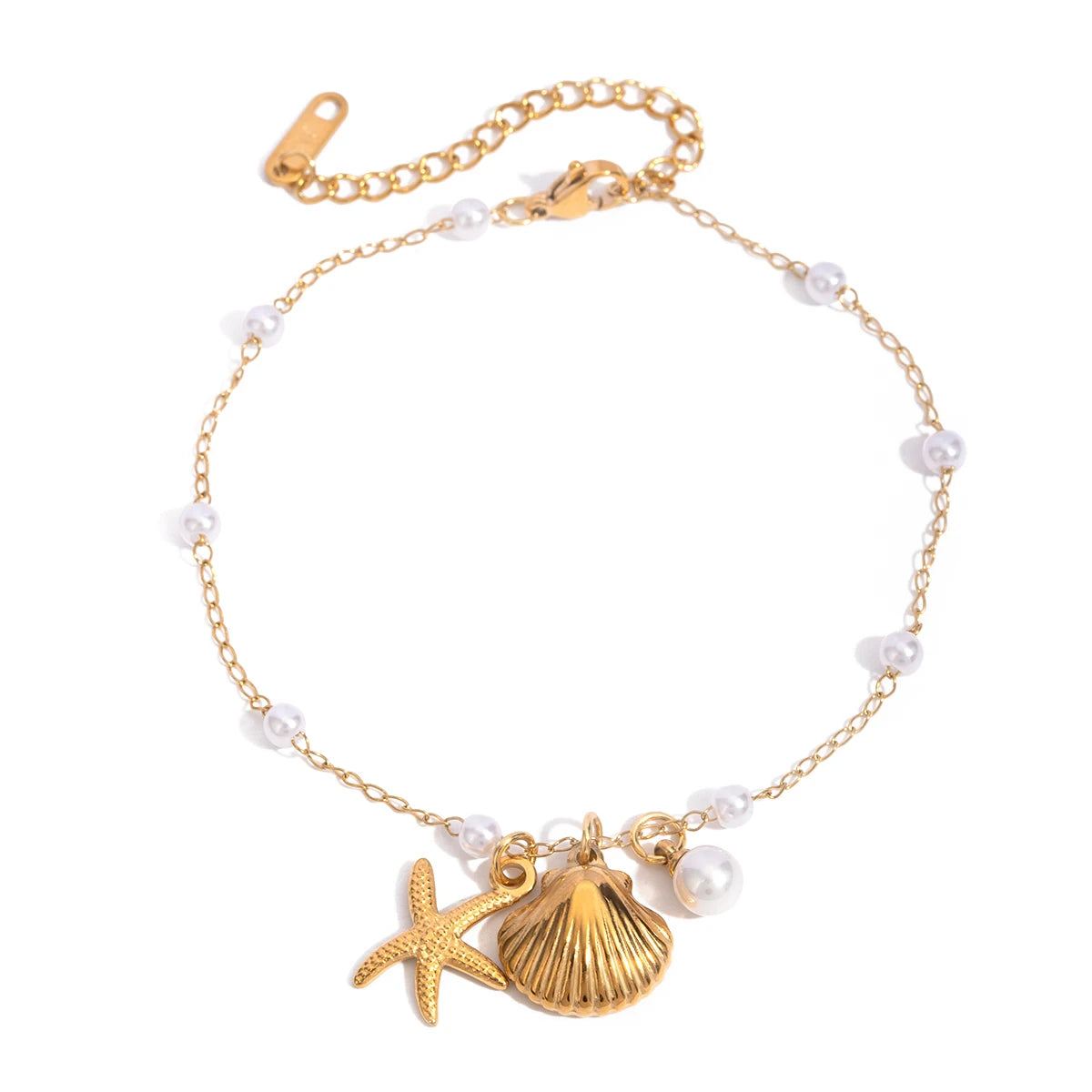 18K Gold Plated Stainless Steel Shell Starfish Imitation Pearl Pendant Anklet Waterproof Simple Metal Texture Trendy Jewelry