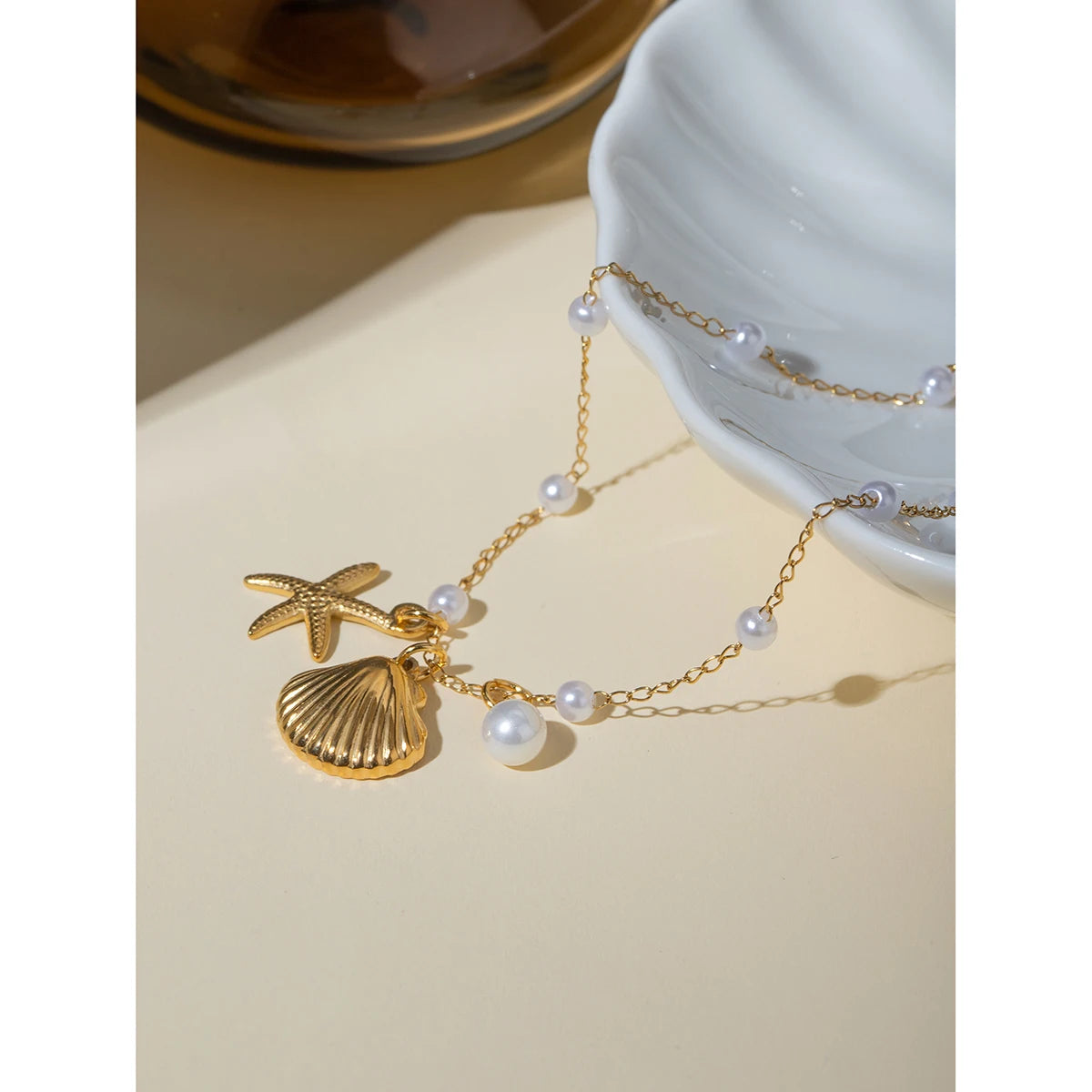 18K Gold Plated Stainless Steel Shell Starfish Imitation Pearl Pendant Anklet Waterproof Simple Metal Texture Trendy Jewelry