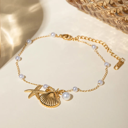 18K Gold Plated Stainless Steel Shell Starfish Imitation Pearl Pendant Anklet Waterproof Simple Metal Texture Trendy Jewelry