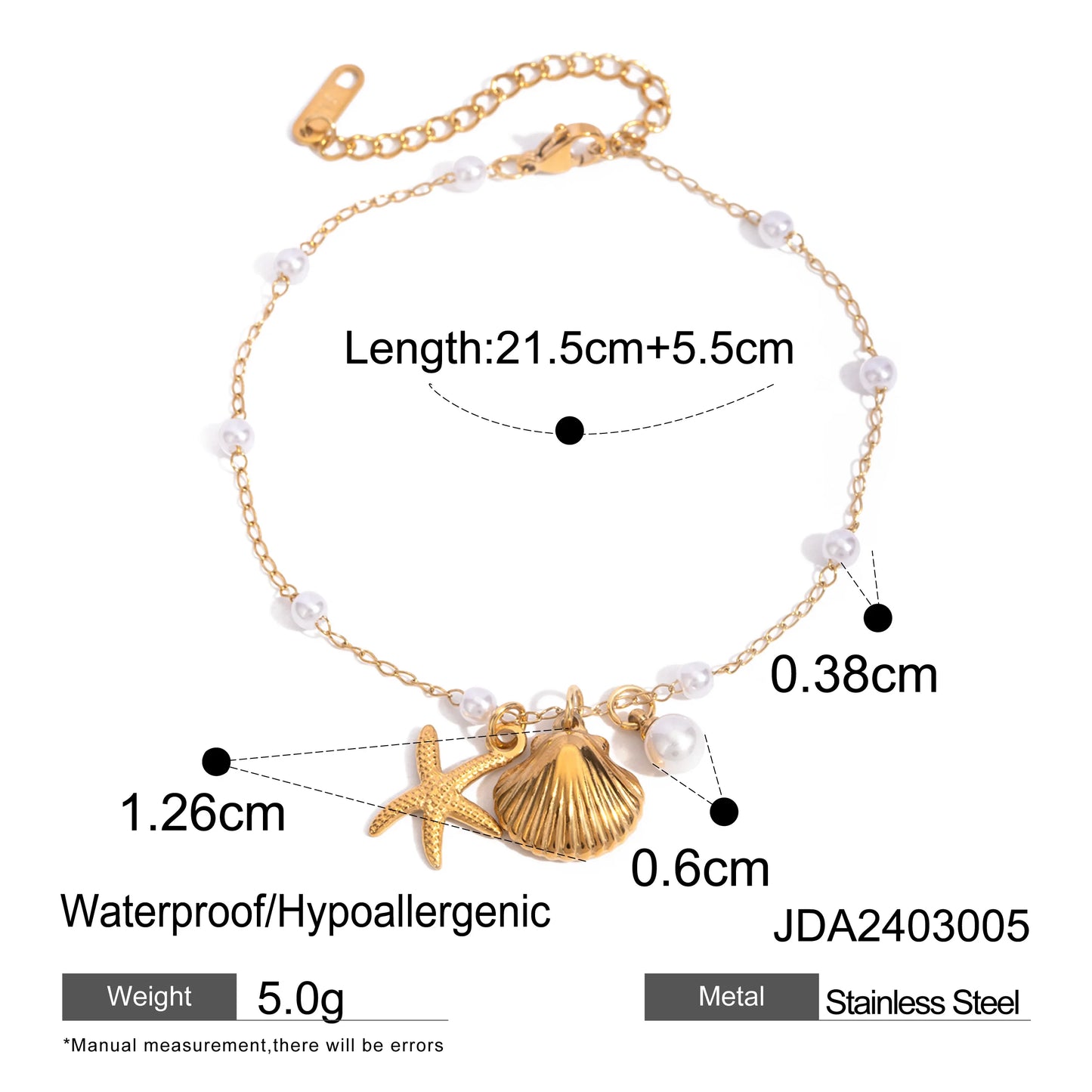 18K Gold Plated Stainless Steel Shell Starfish Imitation Pearl Pendant Anklet Waterproof Simple Metal Texture Trendy Jewelry